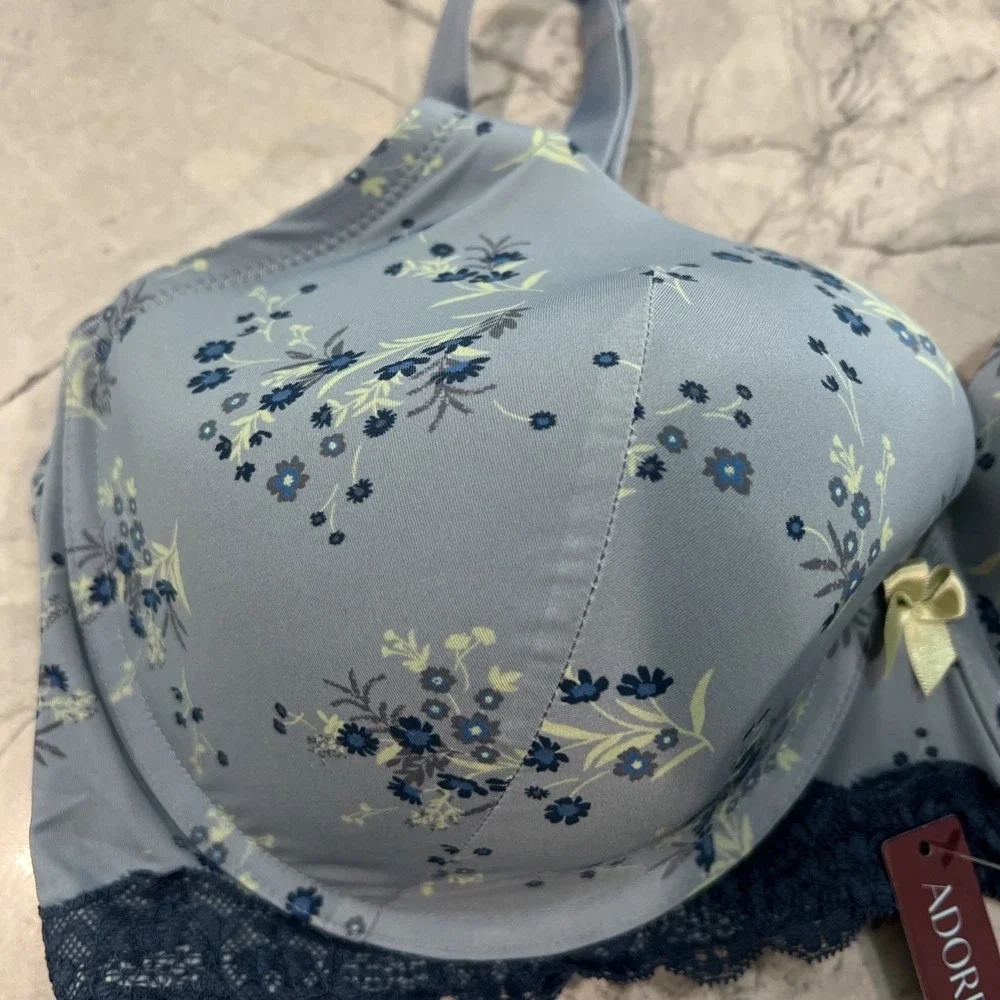 Adore Me Bra 38DD Push Up Plunge‎ Underwire Blue Floral